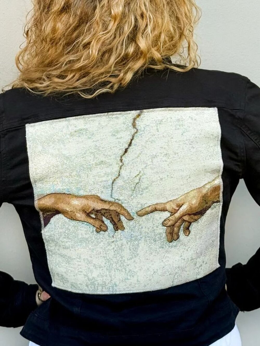 NWT Black Denim Jacket with Italian Art Tapestry - Creation of Adam